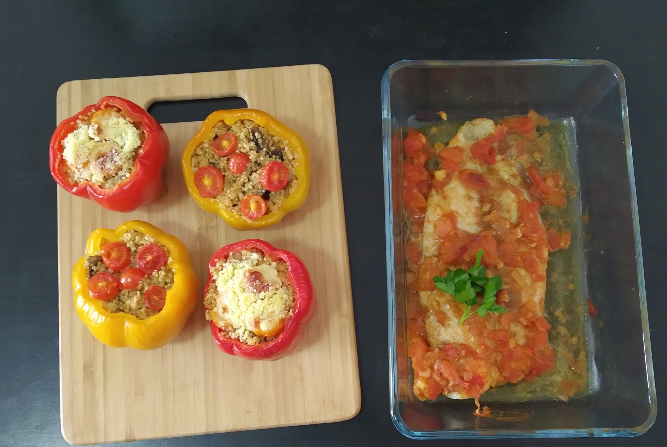 Quinoa stuffed capsicum & Baked tomato fish