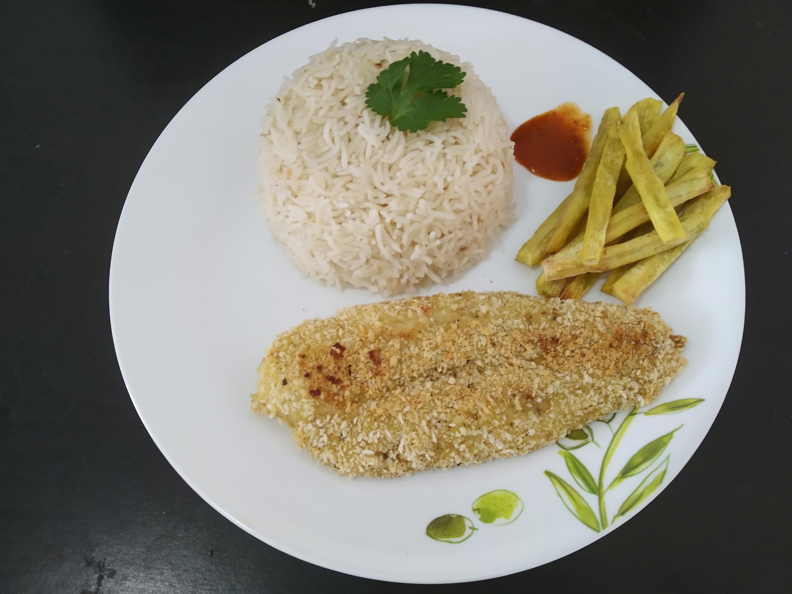 3 Easy dishes that make a perfect lunch platter- Baked sweet potato,Baked breaded fish,Garlic rice